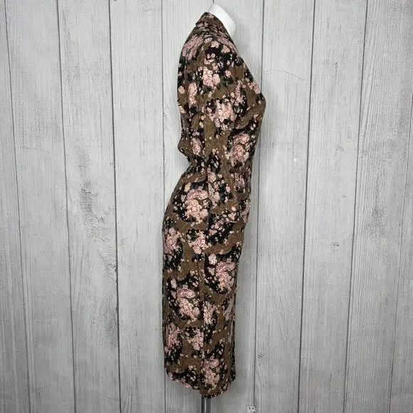Vintage 80s Rayon Floral Shirt Dress Brown Pink Made USA, sz 9/10 - Picture 3 of 6